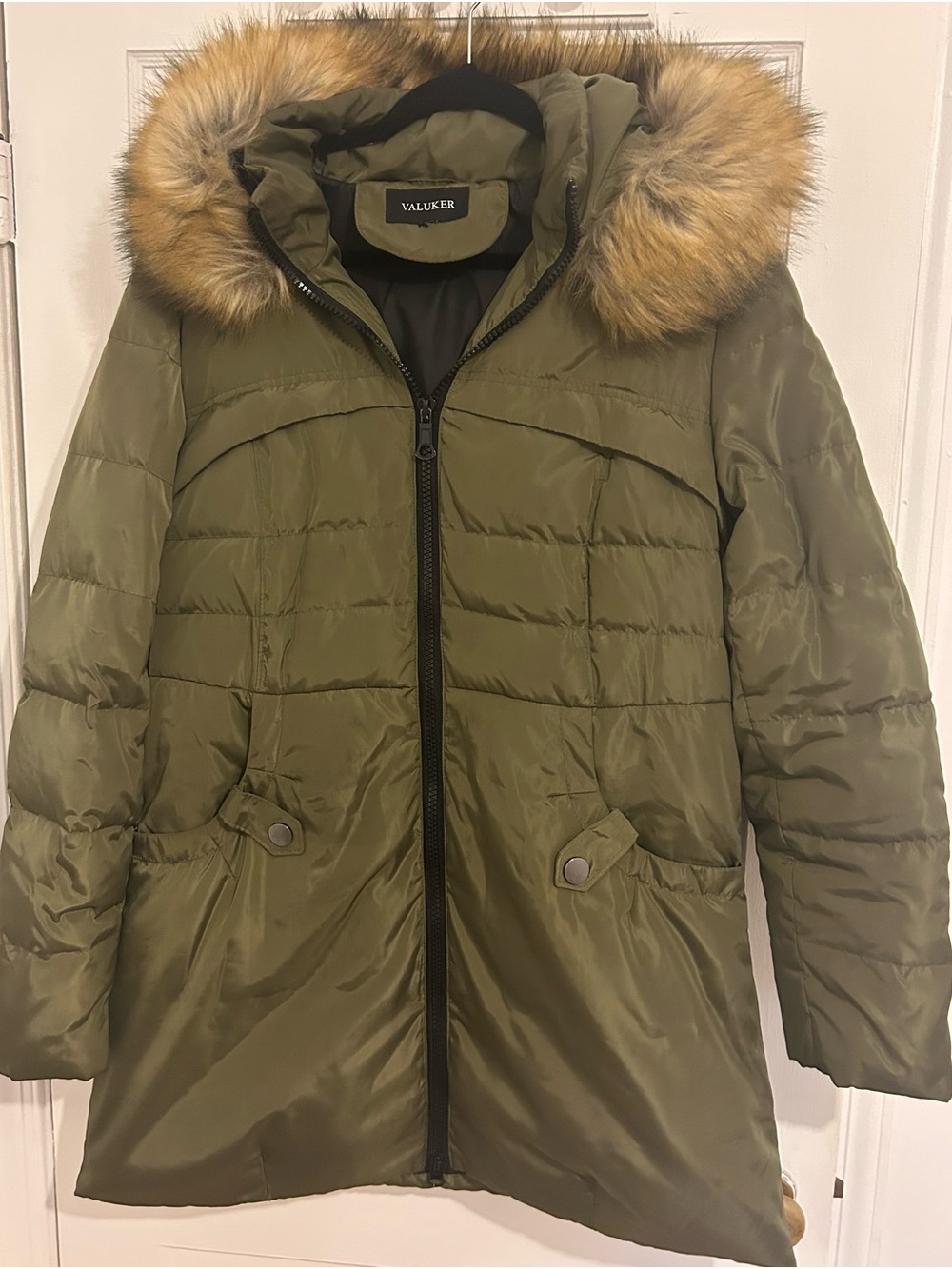 Olive Green Puffer Coat with Faux Fur Hood